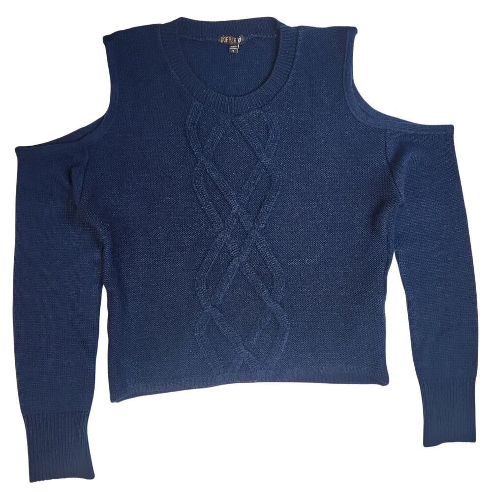 Copper Key Womens Blue Cold Shoulder Cable Knit Sweater-Size Small